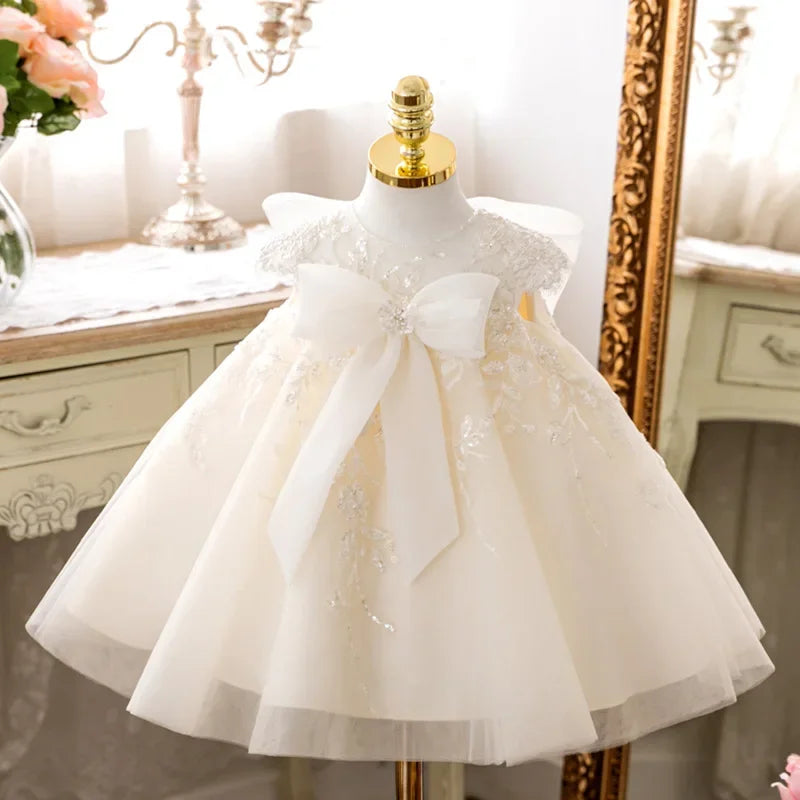 White Flower Girl Dress for Wedding Baby Baptism Sequin Tulle Birthday