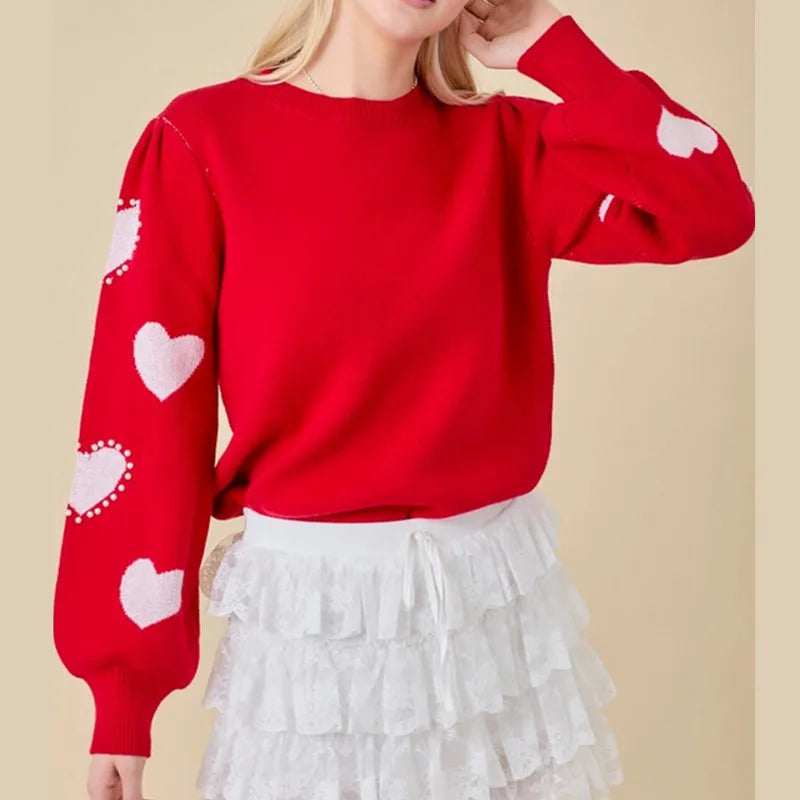 Women Valentine's Day Knit Sweater Autumn Winter Clothes Red Long Sleeve Round Neck Heart Knitwear