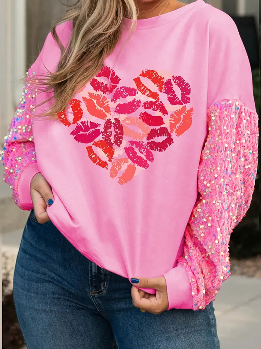 2025 Women's Valentine's Day Sequin Sleeve Sweatshirts Top Letter/Lips/Heart Print All-match Top Sweet Long Sleeve Pullover Tops