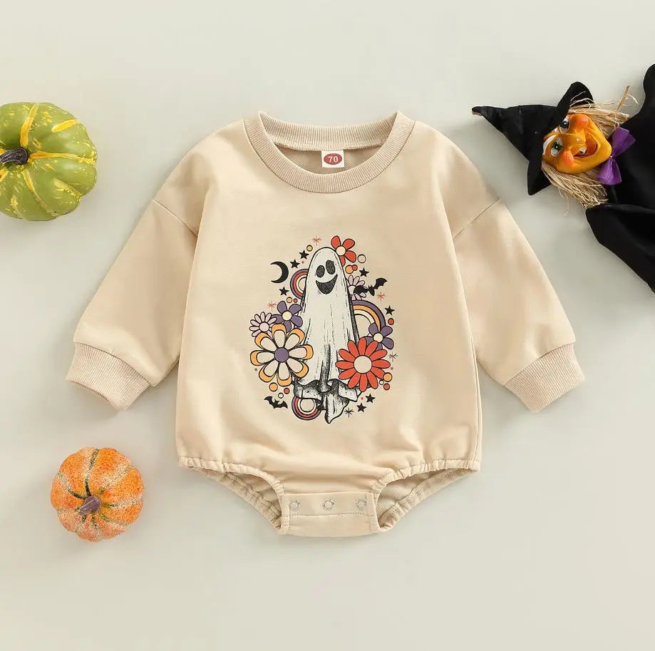 Baby Girl-Boy Halloween Romper Ghost Print Crew Neck Long Sleeve Sweatshirt Jumpsuit Fall Clothes for Toddlers