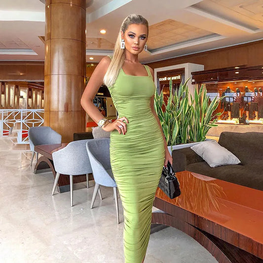 Women Sheath Bodycon Dress Summer Square Collar Sleeveless Backless Midi Pleated Party Dresses