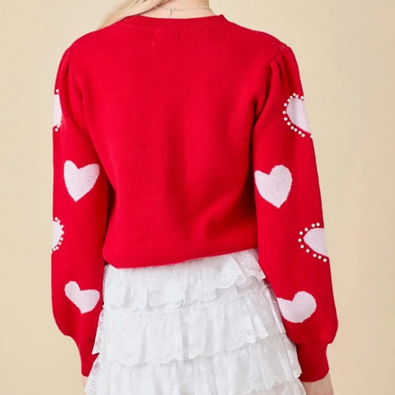 Women Valentine's Day Knit Sweater Autumn Winter Clothes Red Long Sleeve Round Neck Heart Knitwear