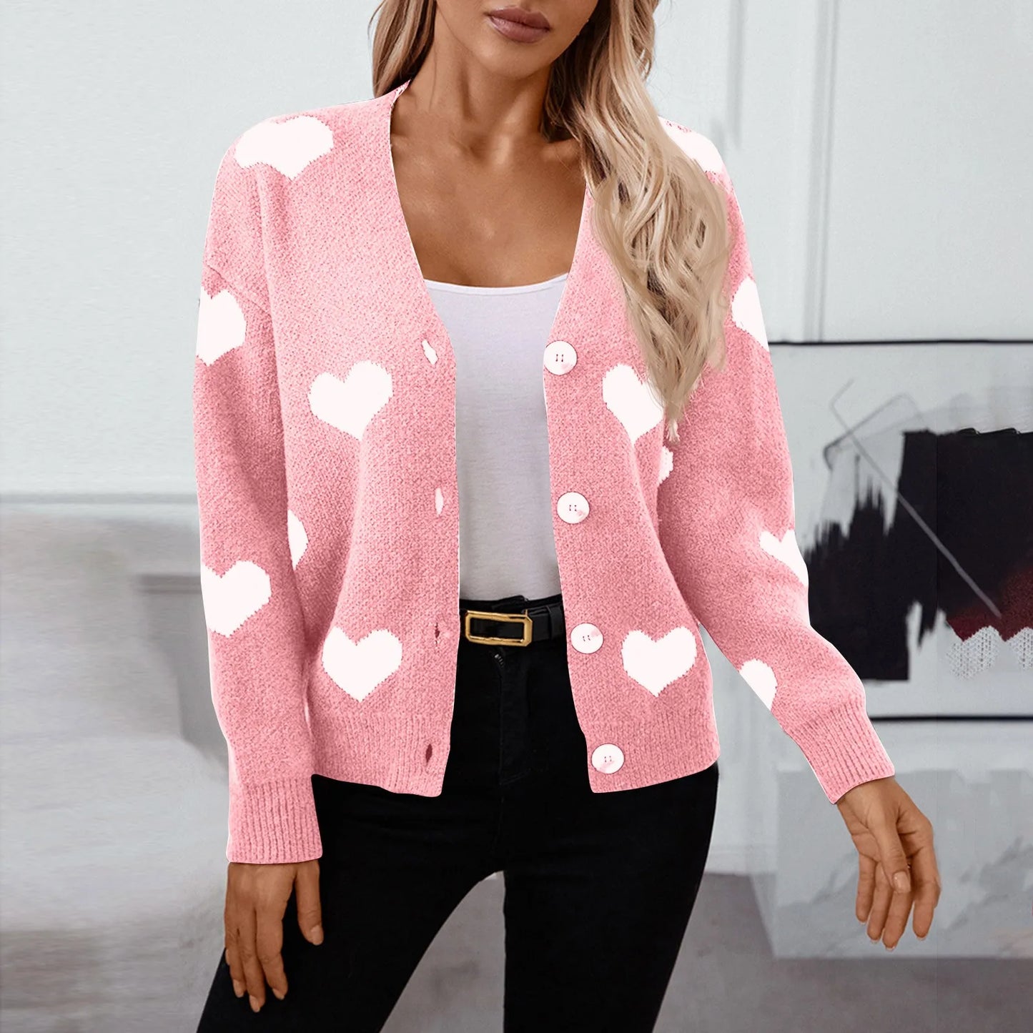 Sweater Knitted Sweater Heart V-Neck Cardigan Sweater Women Comfortable Material Autumn And Winter Women's