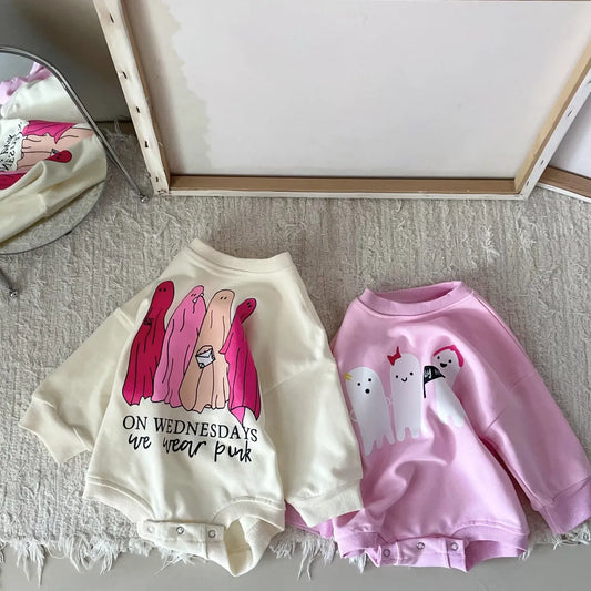 2023 Halloween Romper Newborn Boy-Girl Romper Long Sleeve Ghost Letters Print Thick Cotton Jumpsuit Playsuit Costum