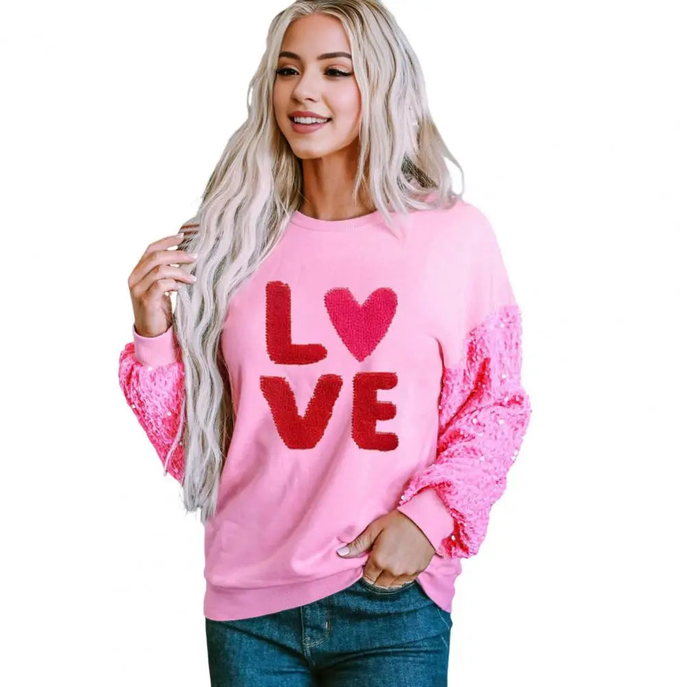 Women Valentines Day Sweatshirt Sequin Sleeves Heart Bright Color Round Neck Long Sleeve Loose Pullover Lady Party Holiday Top