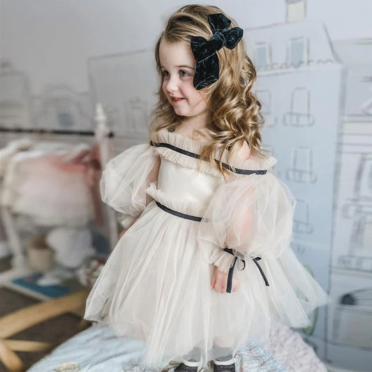 Spanish Baby Girls Gauze Dress One-shoulder Tulle Tutu Gown Elegant Flower Girl Wedding Outfits