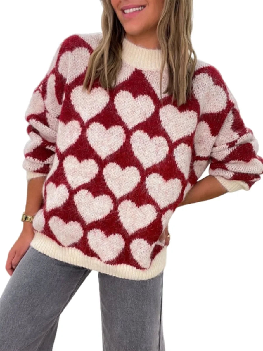 Valentine's Day Sweater Women Pink Knitted Jumper Fashion Knitwear Heart Print Oversized Pullover