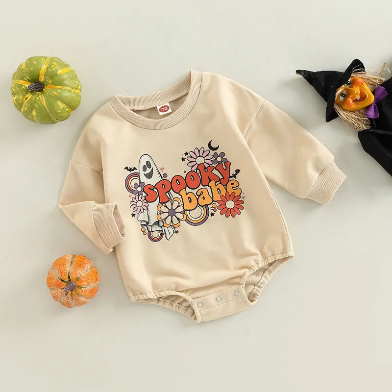 Baby Girl-Boy Halloween Romper Ghost Print Crew Neck Long Sleeve Sweatshirt Jumpsuit Fall Clothes for Toddlers