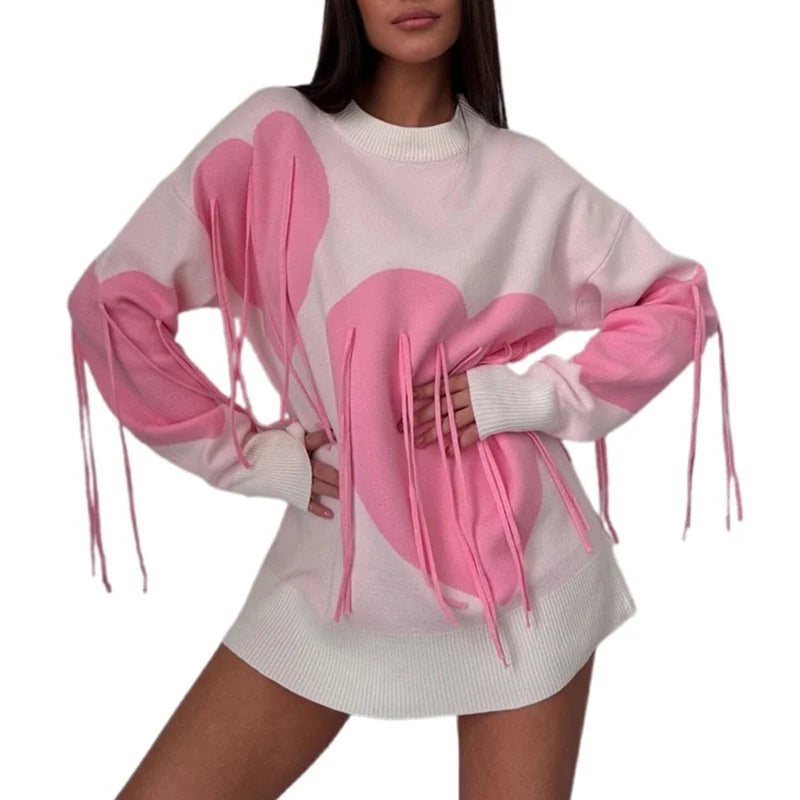 Sweater Women Valentines Day Clothes Tassel Heart Print Round Neck Long Sleeve Pullover Tops 2000s Streetwear