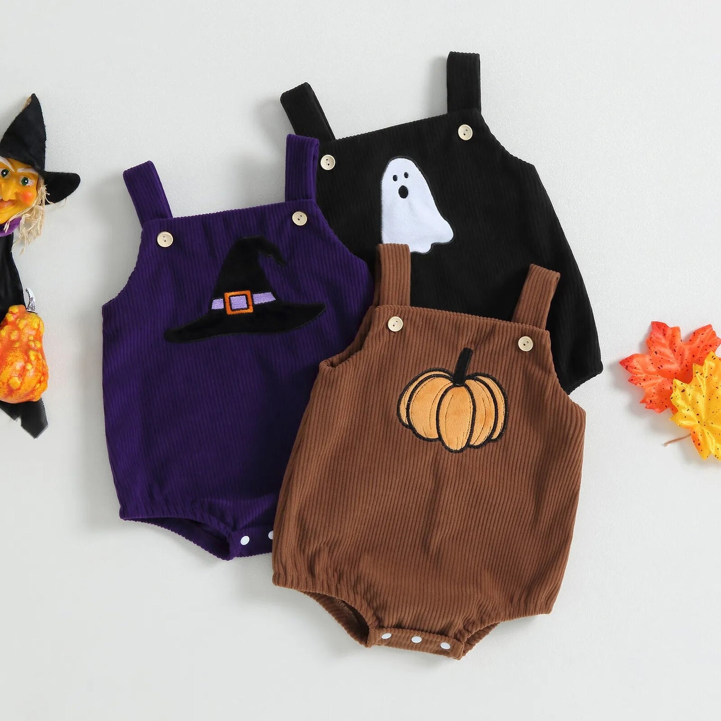 Baby Girls-Boys Corduroy Bodysuits Halloween Clothes Pumpkin/Witch Hat/Ghost Pattern Sleeveless Straps Jumpsuits