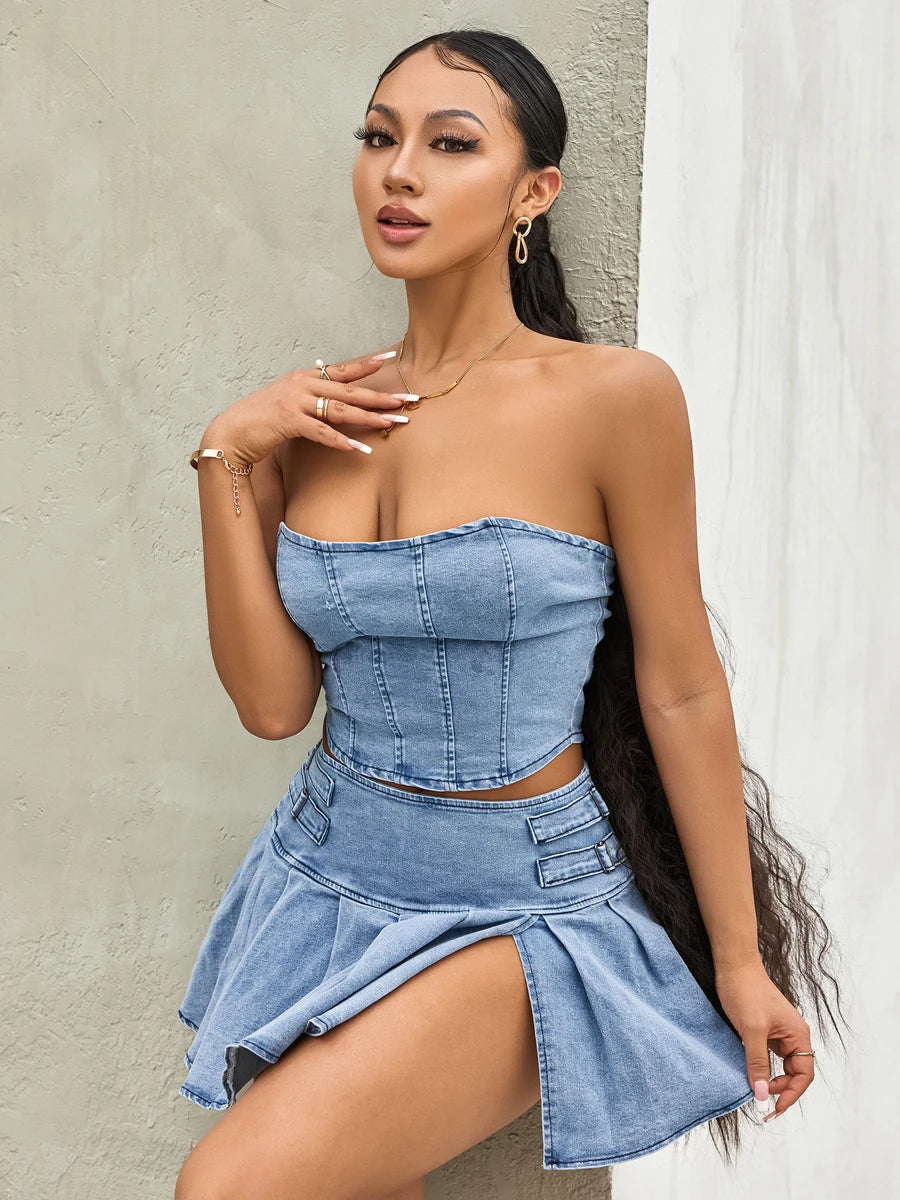 Two-Piece Skirt Suits Summer Off-Shoulder Corset Crop Tops+High Waist Mini Pleated Skirts Sets