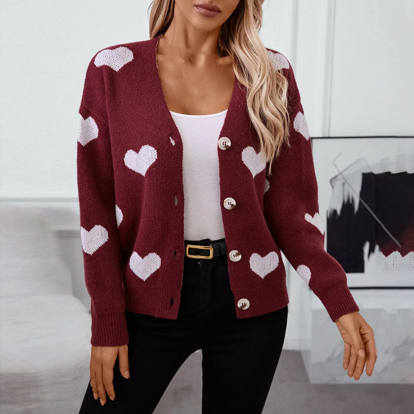 Sweater Knitted Sweater Heart V-Neck Cardigan Sweater Women Comfortable Material Autumn And Winter Women's