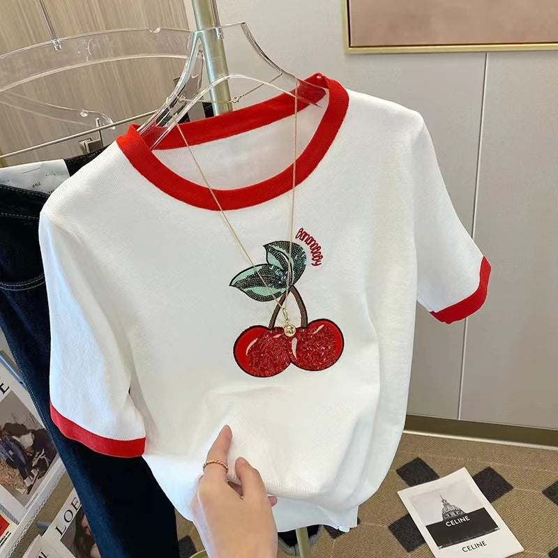 2024 Summer Cherry Sequin Embroidery Knitted T-Shirt Women's Sweet Short-sleeved Pullover Sweater Thin Tshirt Knitwear Tops Tees