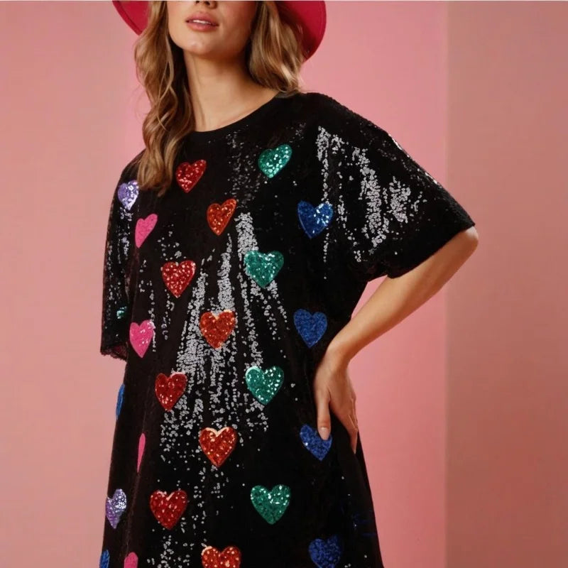 Party Dress Women Valentines Day Sequins Heart Print Round Neck Half Sleeve Short Mini Dress Fashion Club Dresses