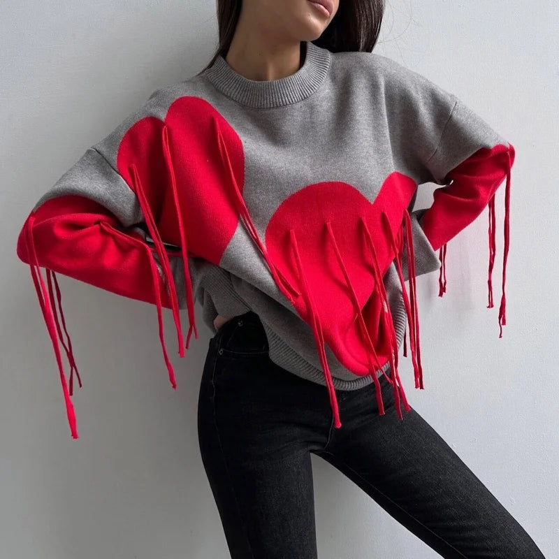 Sweater Women Valentines Day Clothes Tassel Heart Print Round Neck Long Sleeve Pullover Tops 2000s Streetwear