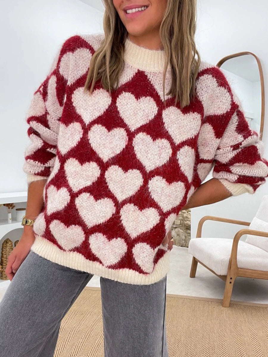 Valentine's Day Sweater Women Pink Knitted Jumper Fashion Knitwear Heart Print Oversized Pullover