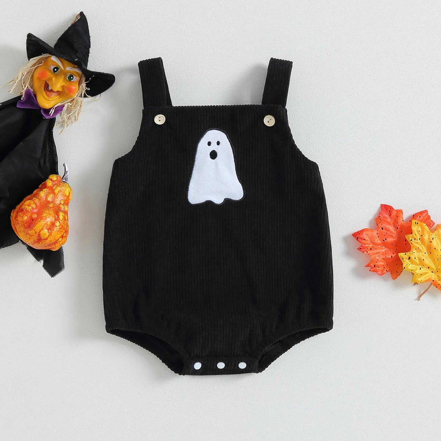 Baby Girls-Boys Corduroy Bodysuits Halloween Clothes Pumpkin/Witch Hat/Ghost Pattern Sleeveless Straps Jumpsuits