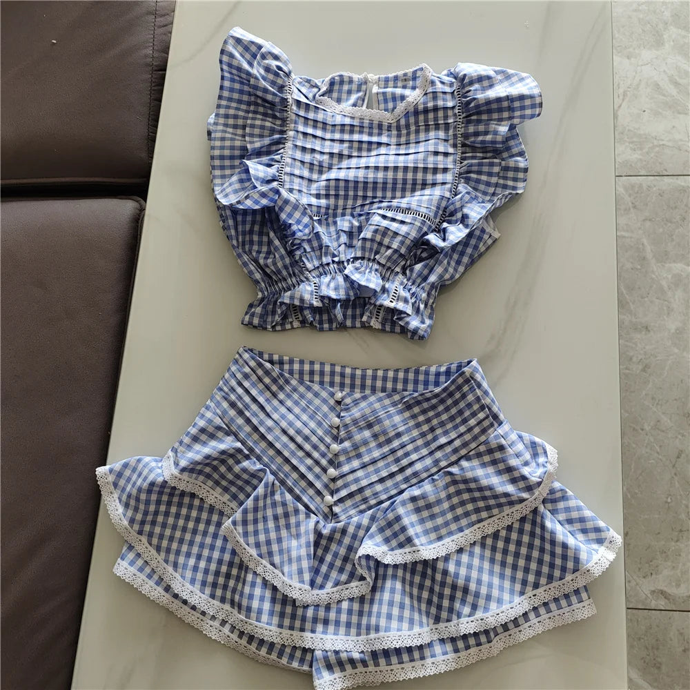 Spring Cotton Plaid Ruffled Top and Short Sunday Sets Holiday Vocation Sets