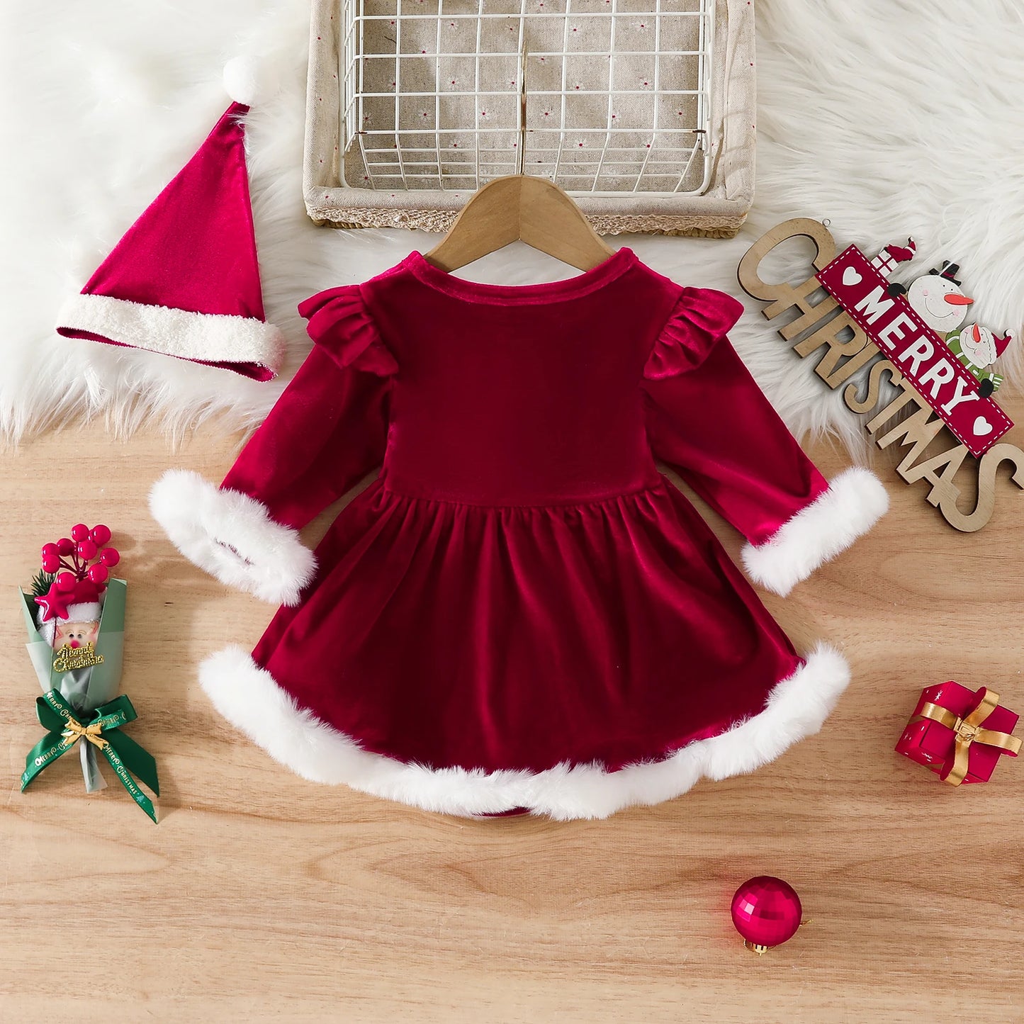 Baby Girls 0-24M Christmas Red Rompers Velvet Ruffle Plush Jumpsuit + hat Party Xmas