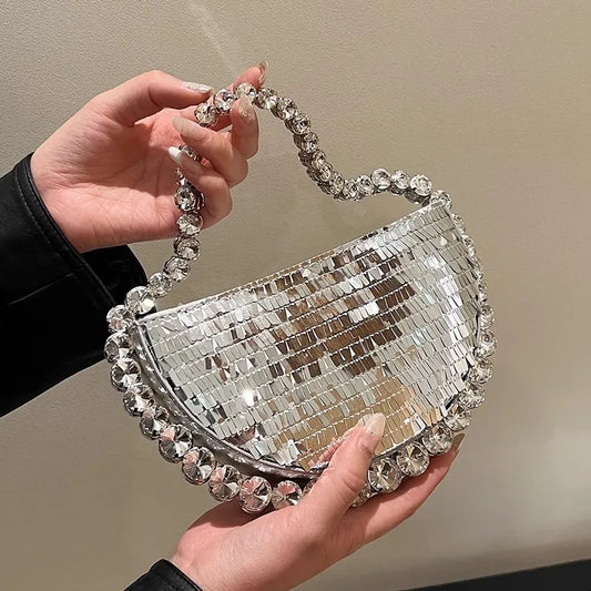 Vintage Round Diamond Chain Shiny Evening Bags Women Handbags and Purses  New Brand Designer Ladies Tote Bag High Quality