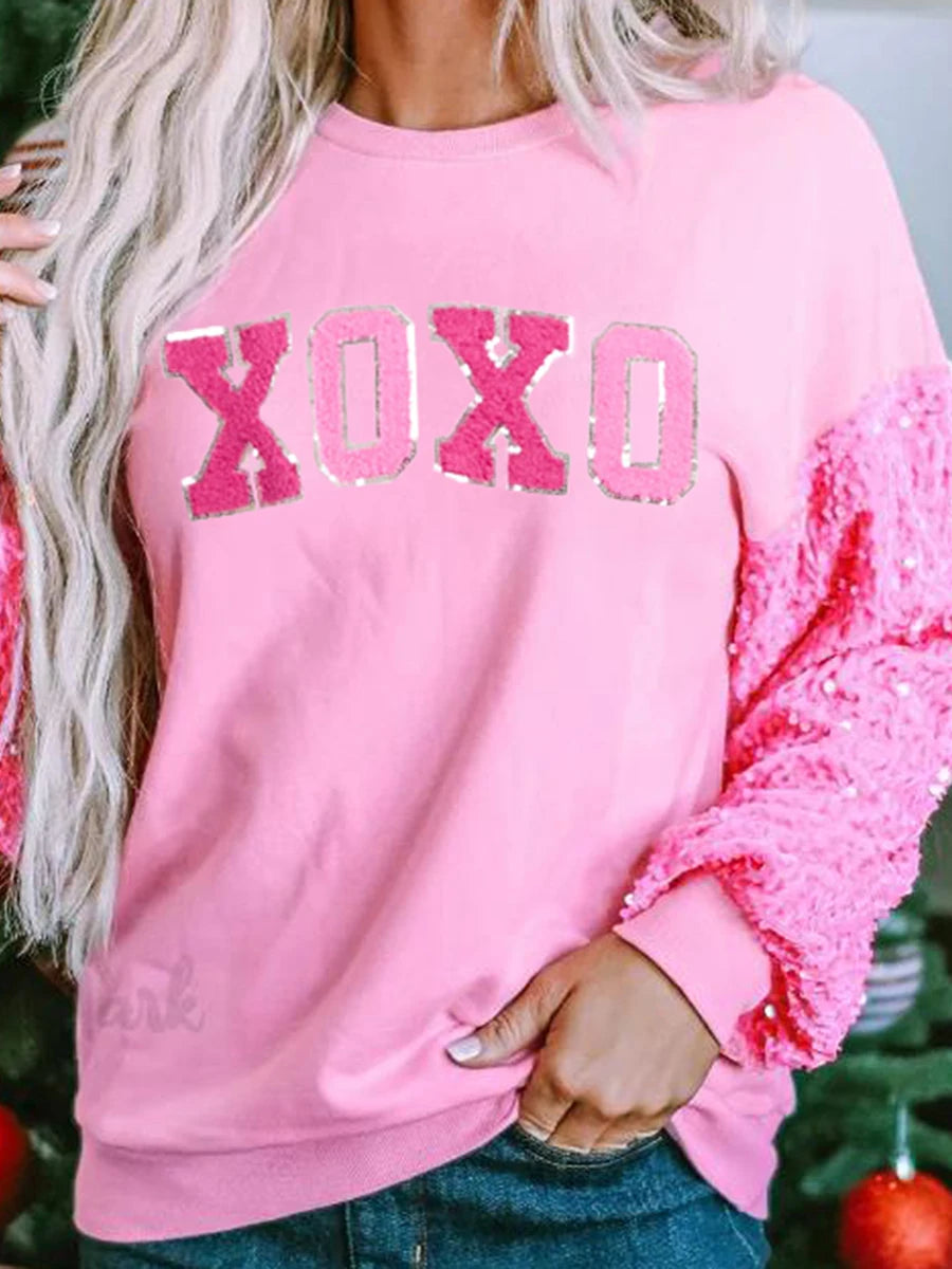 2025 Women's Valentine's Day Sequin Sleeve Sweatshirts Top Letter/Lips/Heart Print All-match Top Sweet Long Sleeve Pullover Tops