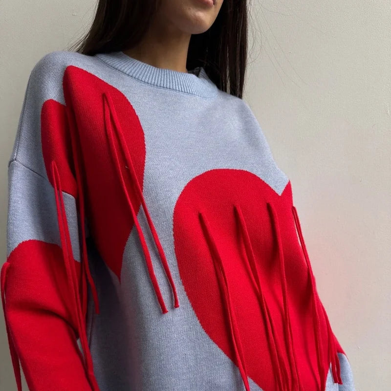 Sweater Women Valentines Day Clothes Tassel Heart Print Round Neck Long Sleeve Pullover Tops 2000s Streetwear