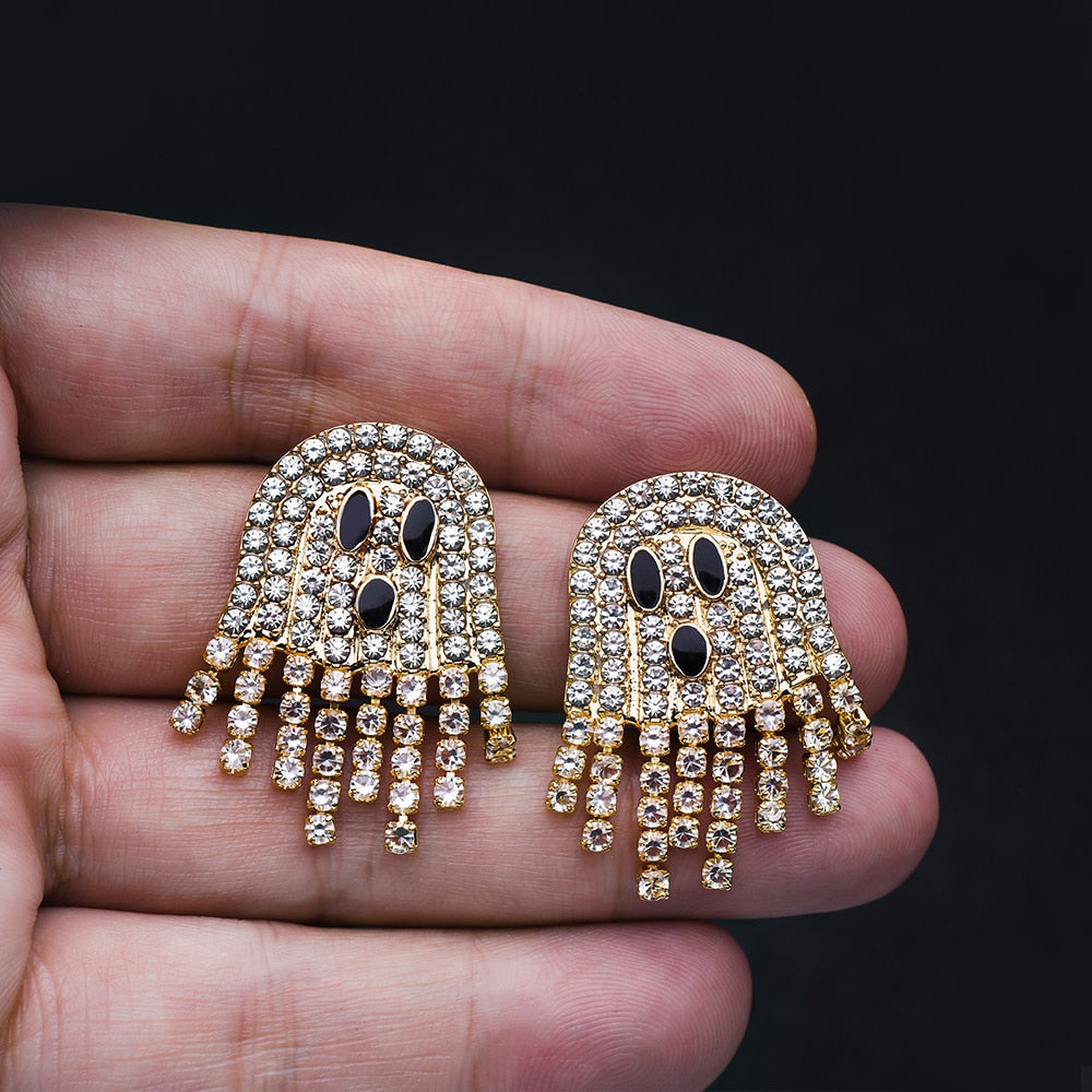 Halloween Ghost Stud Earrings Encrusted Crystal Sparkling Quality Jewelry Gift for Women Girls