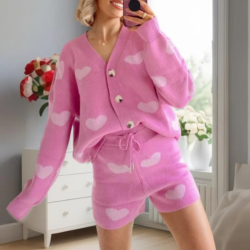 Women Knitted Set Clothes Heart Print V Neck Long Sleeve Cardigan Tops and Shorts Valentines Day Outfit Streetwear