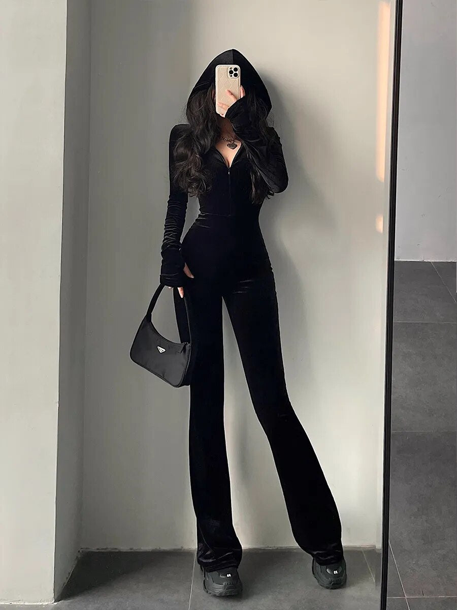 Fashion Black Velvet Slim Hooded Zipper Long Sleeve Flare Pants Jumpsuit Rompers Sexy Hot Tops 2023