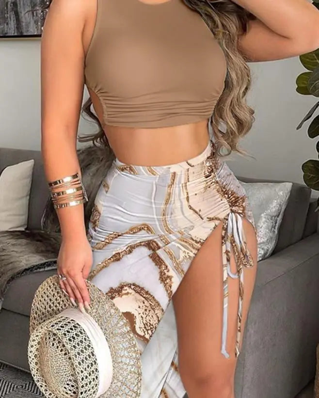 Summer Skirt Set Vacation  New Drawstring Pleated Bolero Sexy Irregular Marble Print Slit Skirt Sets Women 2 Piece Outfit