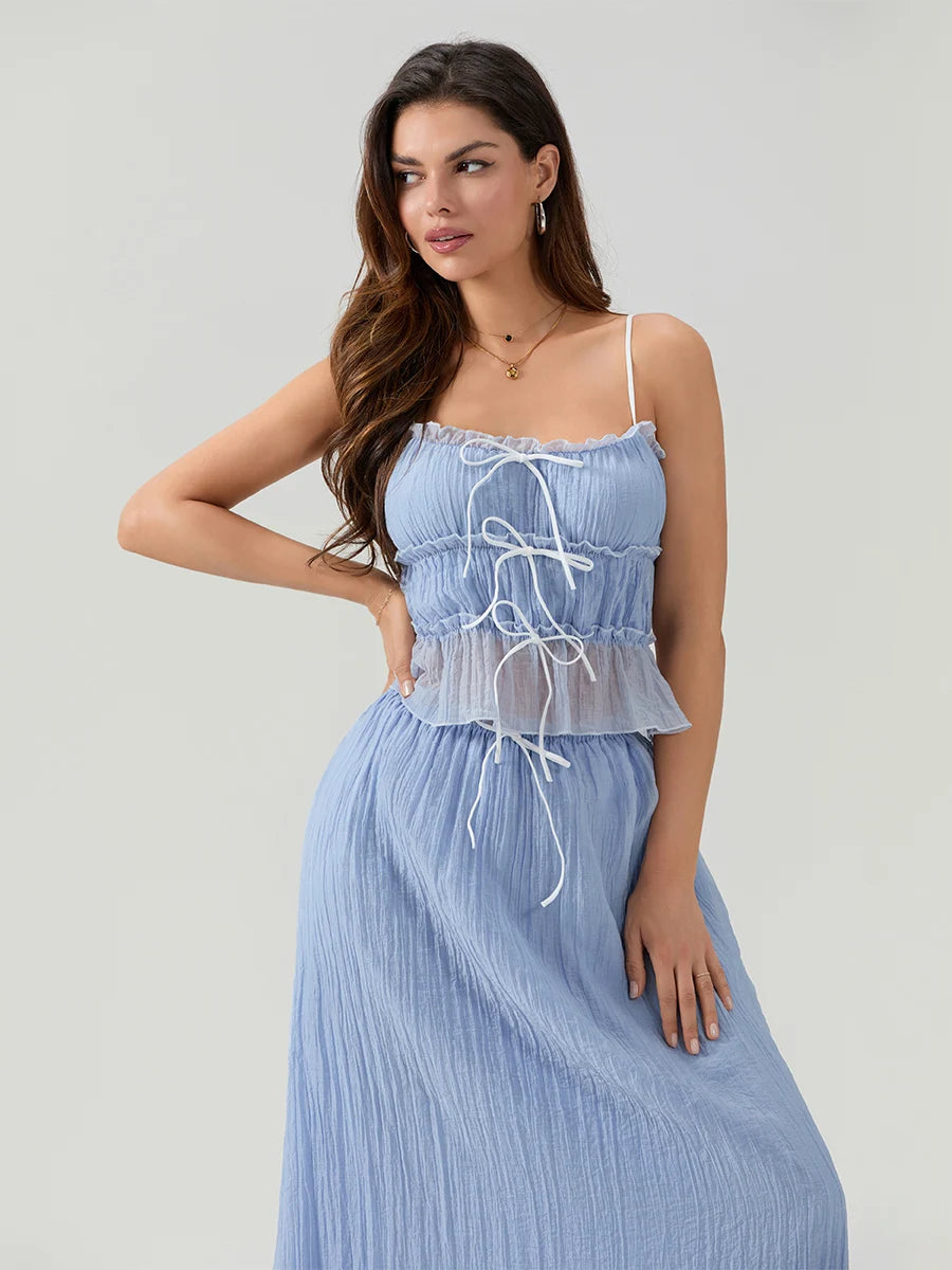 Women 2 Piece Ruffle Maxi Skirt Set Front Tie Up Tank Top and Flowy Ruffle Long Skirts Summer Vacation Beach Outfits.