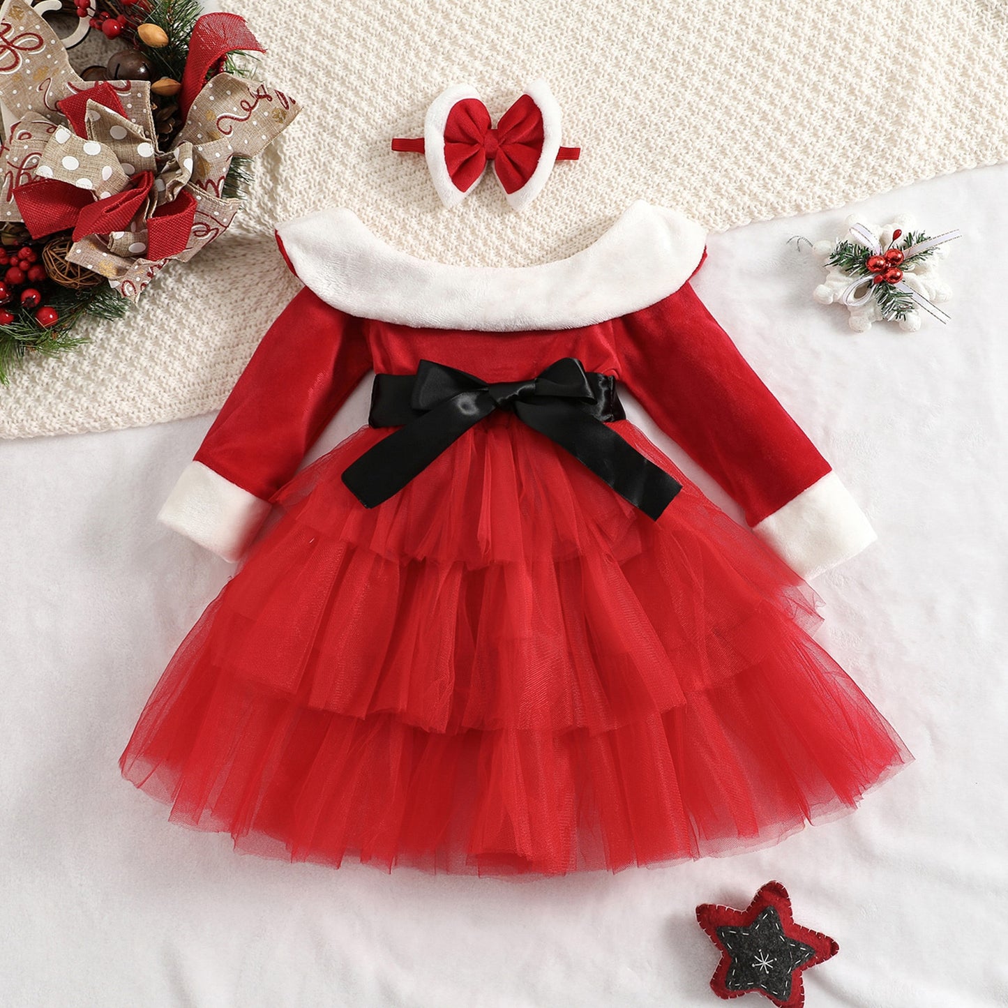 Christmas-New year Girl Red Dress Long Sleeve Tulle Tutu