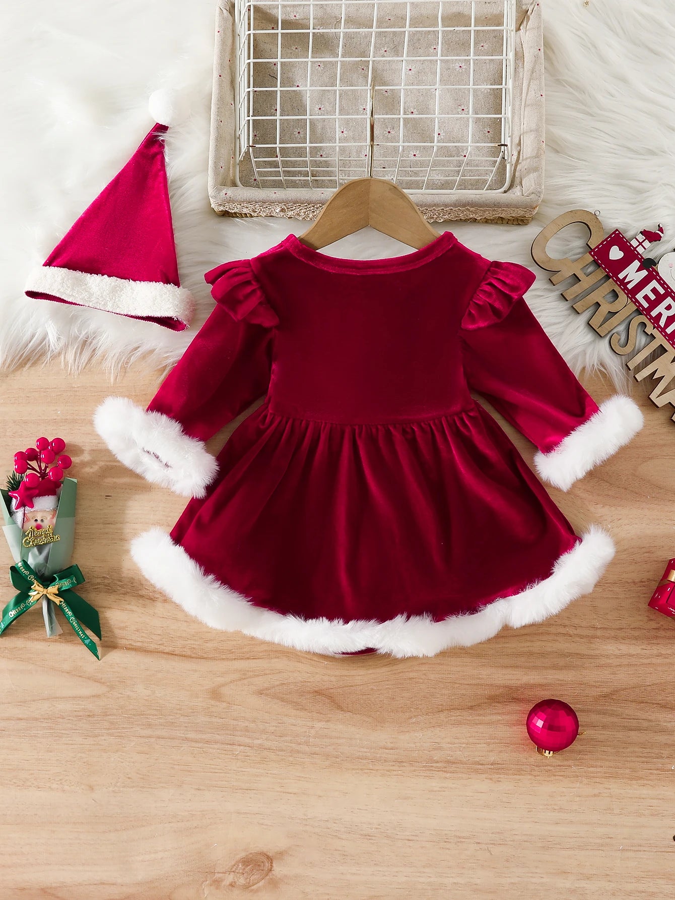 Baby Girls 0-24M Christmas Red Rompers Velvet Ruffle Plush Jumpsuit + hat Party Xmas