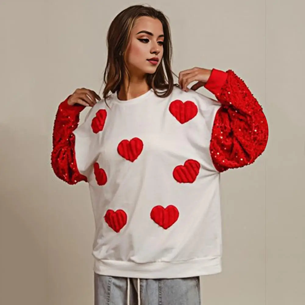 Women Valentines Day Sweatshirt Sequin Sleeves Heart Bright Color Round Neck Long Sleeve Loose Pullover Lady Party Holiday Top