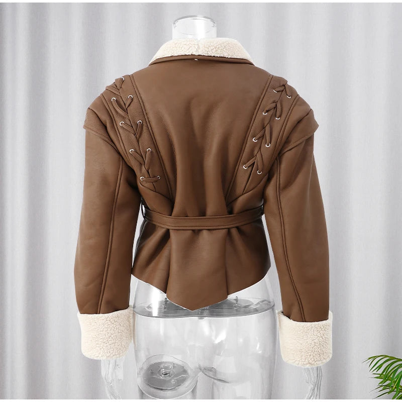 Women Elegant Irregular Hem Plush Lapel Coats Fashion Lace Up Pocket Long Sleeved Jacket 2024 Autumn Winter New Warm Outwear