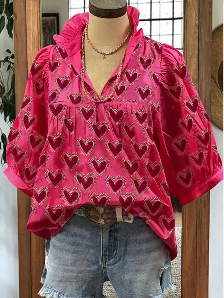 Ruffle V-neck Heart Print Blouse Valentine Puff Sleeve Top