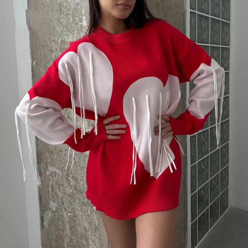 Sweater Women Valentines Day Clothes Tassel Heart Print Round Neck Long Sleeve Pullover Tops 2000s Streetwear