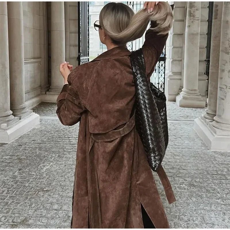 Vintage Brown Faux Leather Overcoat With Belt Elegant Lapel Double Breasted Pocket Long Coats Autumn Chic Lady Street Outwear