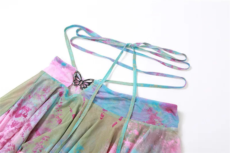 Zenaide Fall Mesh Butterfly Women 3 Piece Set Bandage Cami+Irregular Skirt+Fairy Festival Crop Top Tie Dye Rave Party Outfit
