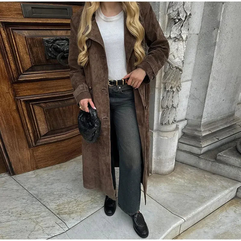 Vintage Brown Faux Leather Overcoat With Belt Elegant Lapel Double Breasted Pocket Long Coats Autumn Chic Lady Street Outwear