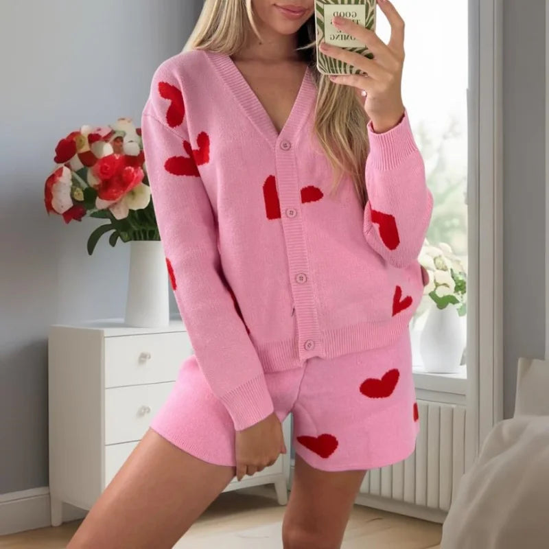 Women Knitted Set Clothes Heart Print V Neck Long Sleeve Cardigan Tops and Shorts Valentines Day Outfit Streetwear