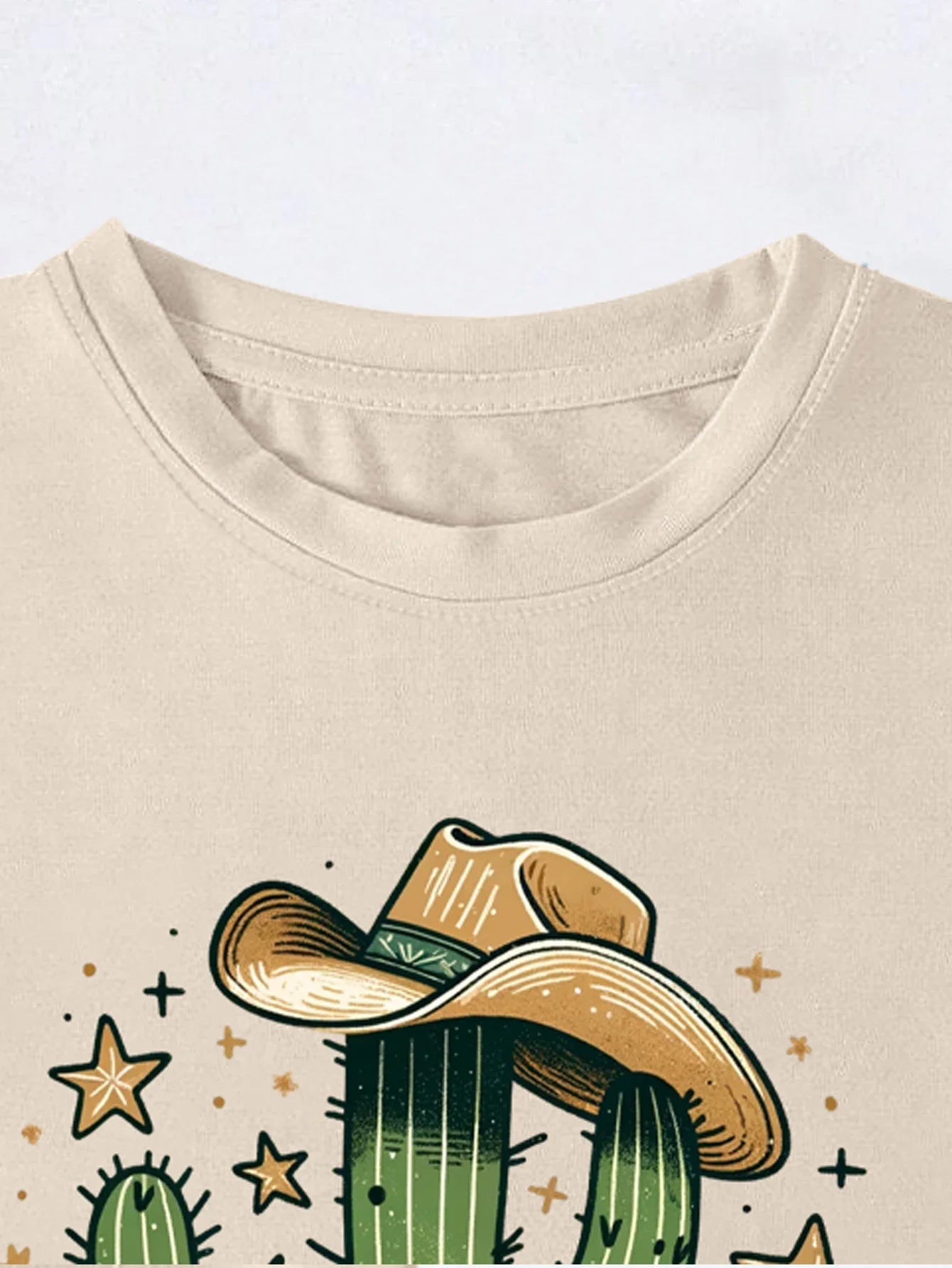 Retro Cute Western Cowboy With Hat Cactus And Stars Print T-shirt,