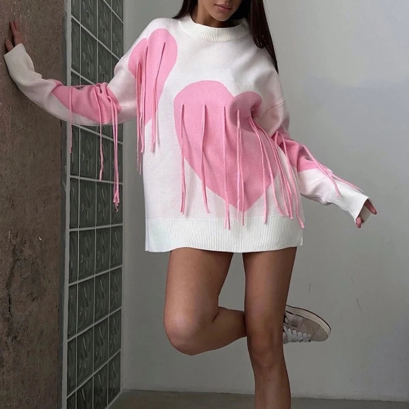 Sweater Women Valentines Day Clothes Tassel Heart Print Round Neck Long Sleeve Pullover Tops 2000s Streetwear