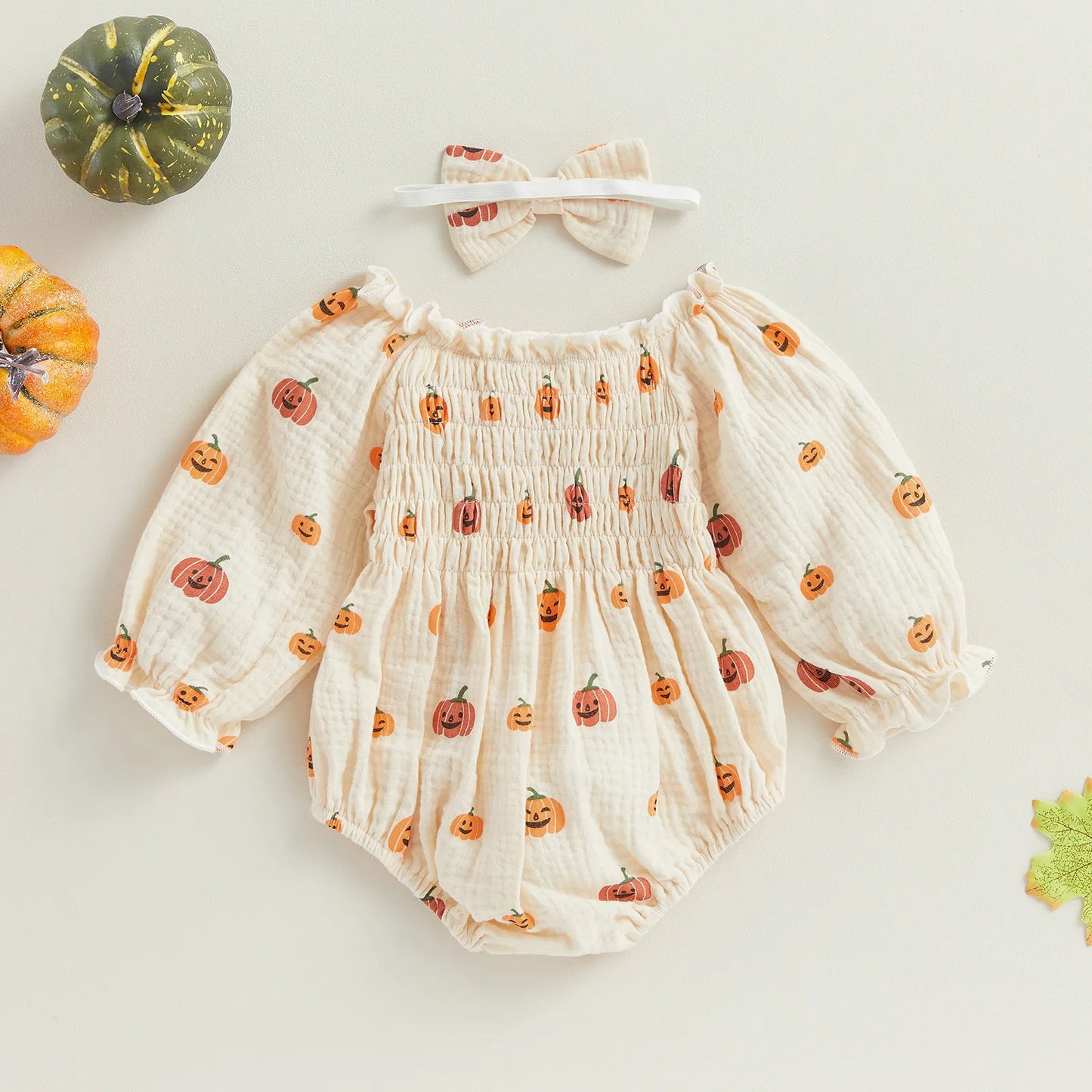 Baby-Girl Halloween Jumpsuit Cartoon Pumpkin Print Ruched Off Shoulder Long Sleeve Romper And Bow Headband