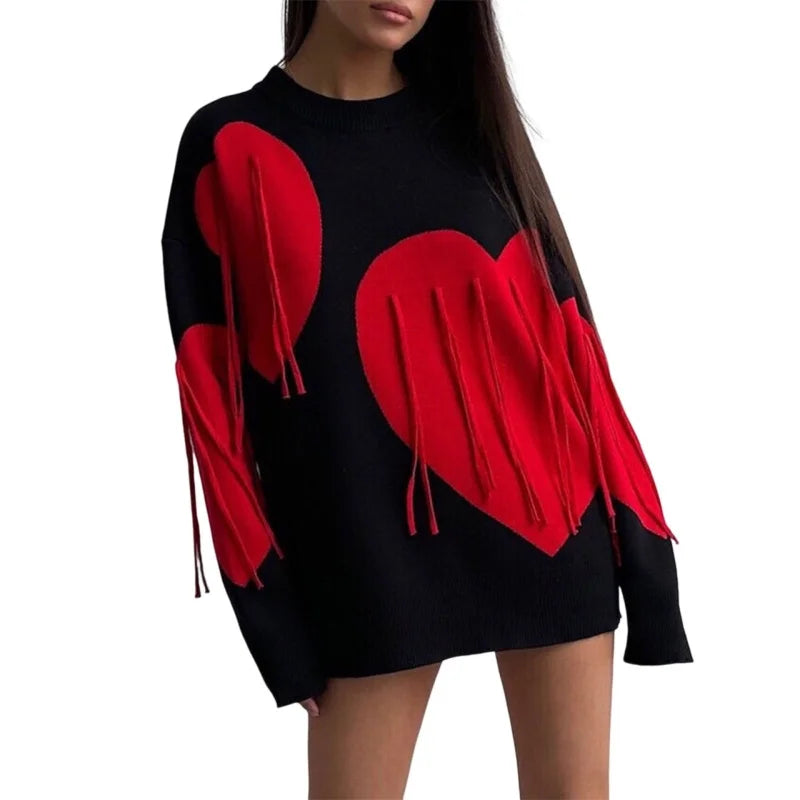 Sweater Women Valentines Day Clothes Tassel Heart Print Round Neck Long Sleeve Pullover Tops 2000s Streetwear