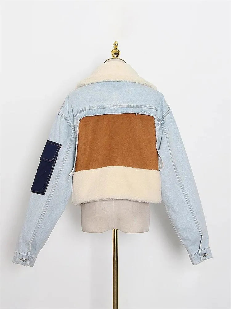 Lambswool Denim Jacket For Women Lapel Long Sleeve Patchwork Pockets Short Winter Coat