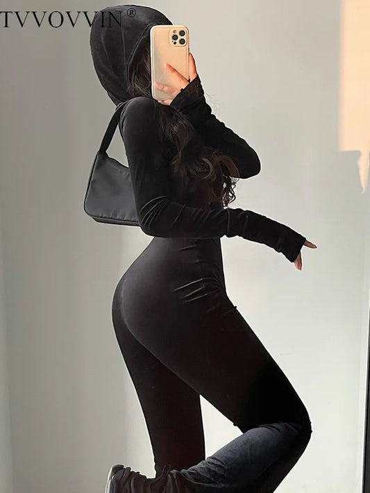 Fashion Black Velvet Slim Hooded Zipper Long Sleeve Flare Pants Jumpsuit Rompers Sexy Hot Tops 2023