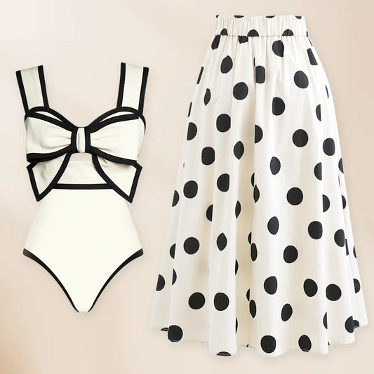 New Swimsuit High-end Niche Design Black and White Bow Slimming Holiday Sexy Hot Spring One Piece Swimsuit for Women