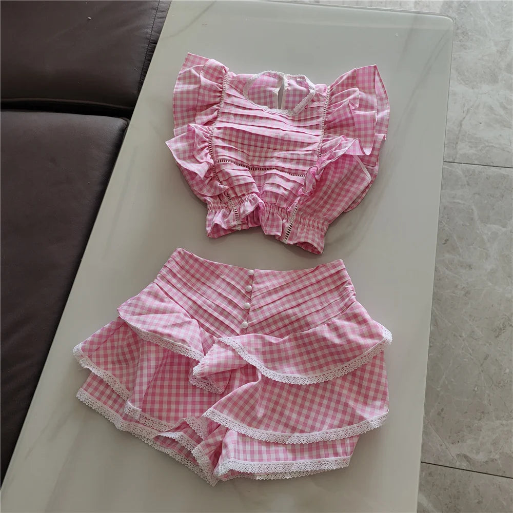 Spring Cotton Plaid Ruffled Top and Short Sunday Sets Holiday Vocation Sets