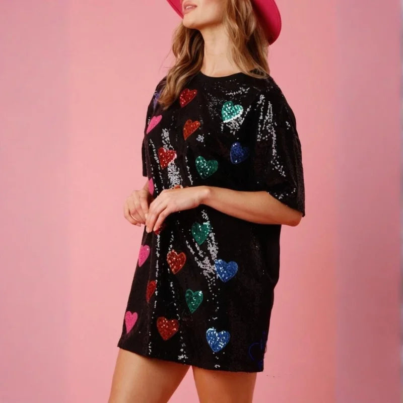 Party Dress Women Valentines Day Sequins Heart Print Round Neck Half Sleeve Short Mini Dress Fashion Club Dresses